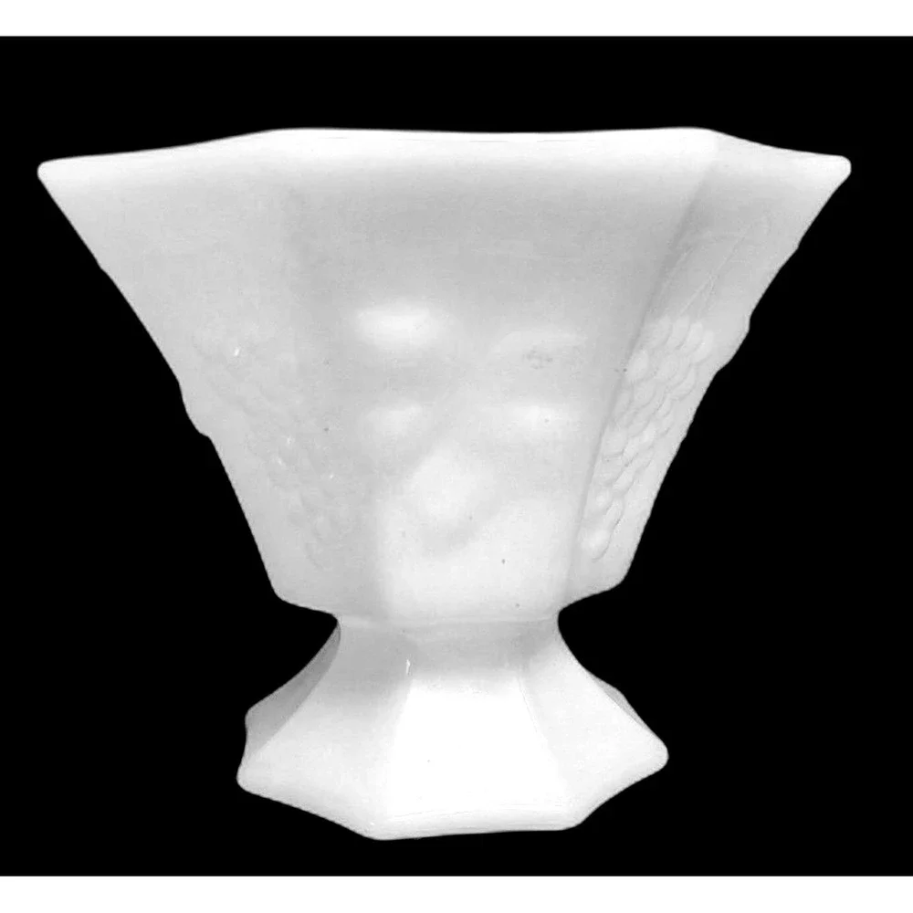 Vintage White Milk Glass Octagonal Footed Bowl Grape Leaf Pattern Pedestal 4.5in